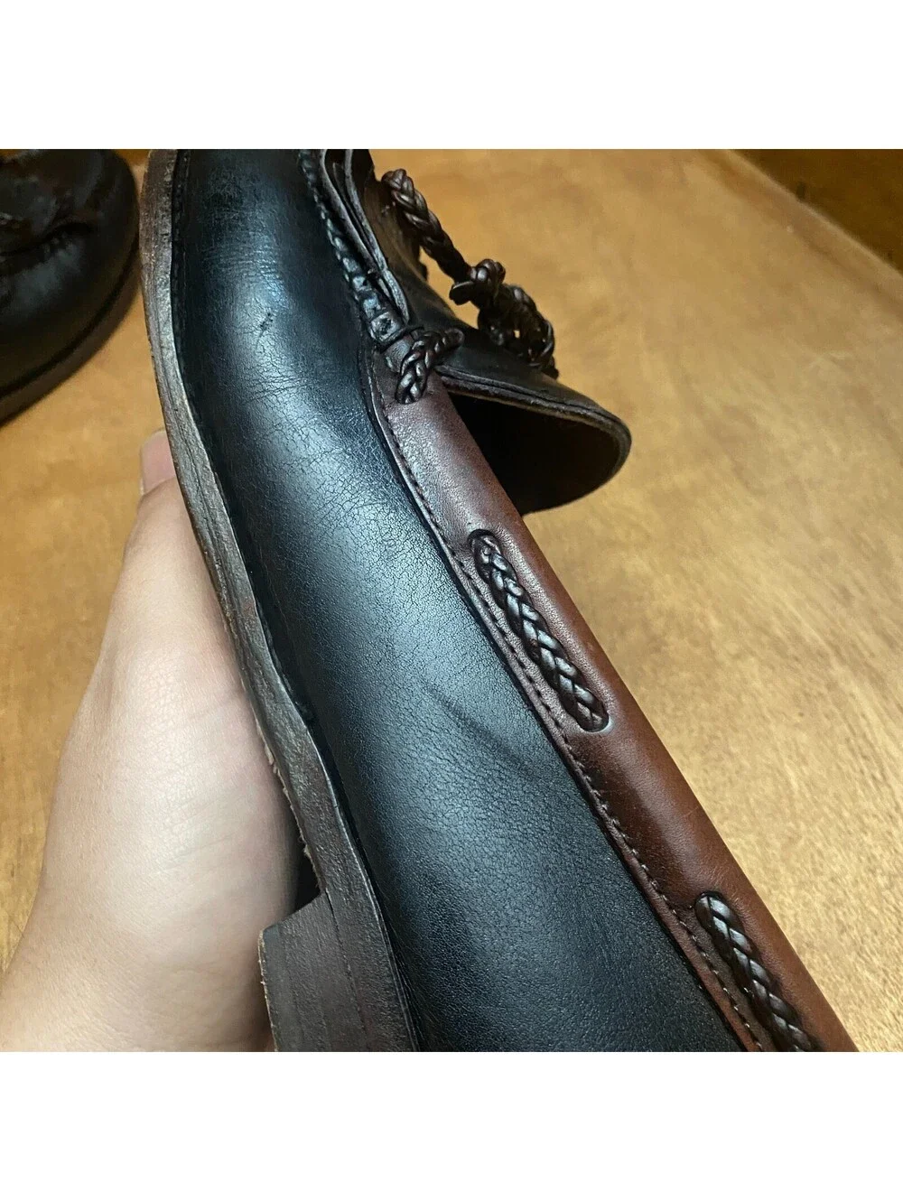 Vintage Woodstock Leather Kiltie Loafers Mens 10.5 D Black Brown Moccasin Shoes
